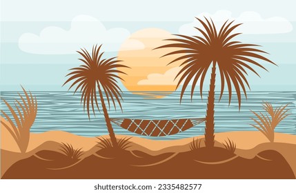 Silhouette styled landscape scenery with tropical beach and hanged hammock on palm trees vector