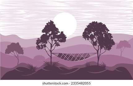 Silhouette styled landscape scenery with valley and mountains and hanged hammock on trees vector