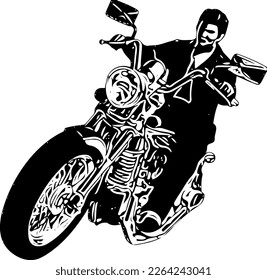 Silhouette of stylish bike rider, motorcycle grunge line art vector illustration,  cool biker character riding a motorbike