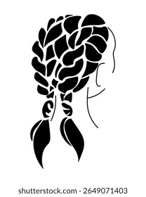 Silhueta de um penteado elegante com duas tranças curtas, ilustração de vetor de estilo trançado feminino elegante para design