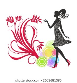 silhouette stylish lady in dress in red shoes ornament pattern