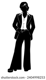 Silhouette of Stylish Man in Fashion Suit 70s. Disco Dandy. Vector clipart isolated on white.