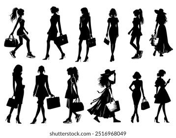 Silueta de mujeres con estilo, ilustración de moda, mujeres en diferentes poses, trajes diversos, ropa elegante y casual.