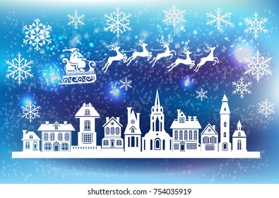 Silhouette of stylized facades of old buildings and Santa Claus silhouette riding a sleigh with deers