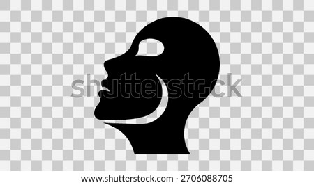 Silhouette of a stylized human head with a large, exaggerated smile, conveying a sense of joy or perhaps unease.