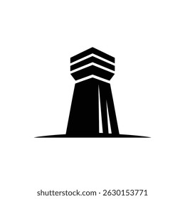 Silhueta de um design estilizado, moderno logotipo torre com uma forma hexagonal no topo adornada com três símbolos de chevron. Simples, gráfico preto limpo.