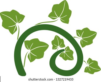 Silhouette Of Stylized Pumpkin Stem With Green Leaves Isolated On White Background