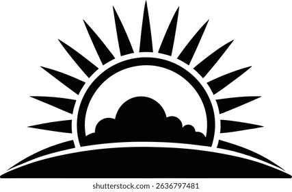 Silhouette of a stylized rising sun with pointed rays partially covered by a fluffy cloud, set against a transparent backdrop. Perfect for minimalistic designs.