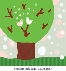 Silhouette of stylized tree with birds in love./ Valentine's Day