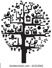 Silhouette of stylized tree with inhabitants