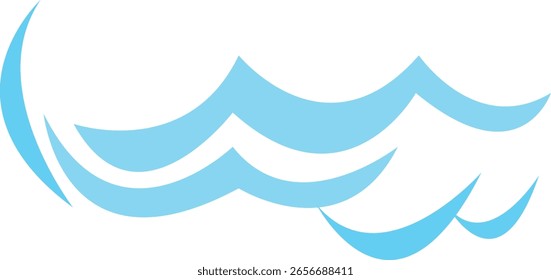 Silhueta de ondas azuis de vetor estilizado isolam no branco. Onda oceano e água curva salpicando ondulação ilustração.