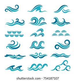 Silhueta de ondas azuis vetoriais estilizadas isolar em branco. Onda oceano e água curva splash e ondulação ilustração