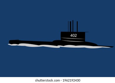 Silhouette Of The Submarine With The Numeric Code 402 Speeding Up While Patrolling The Deep Blue Sea. Vector Illustration