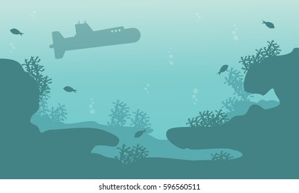 Silhouette of submarine and reef ocean landscape