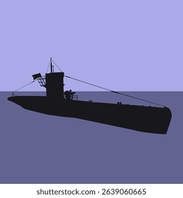 Silhouette of submarine in the sea. Vector illustration in blue shades, for the design of your illustrations in stylish symbolic powerful sea military illustrations and silhouettes