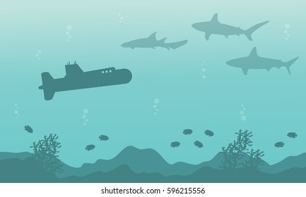 Silhouette of submarine and shark landscape on sea