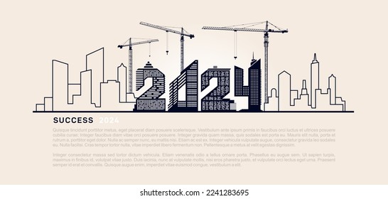 Silhouette of Success on construction site with crane for preparation business concepts. Success under constructions. Business in the New Year 2024. Construction worker with crane. Vector illustration