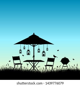 Silhouette Summer Garden Sunrise Or Sundown Blue