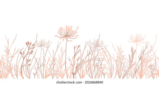 Silhouette of summer grass and flowers seamless pattern. Vector illustration isolate on white.