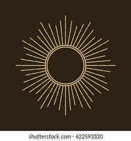 Silhouette of the sun, golden rays of the sun. Isolated vintage symbol on a black background. Vector illustration.