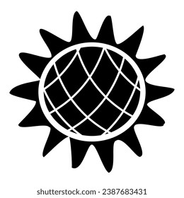 Silhouette of sun shaped holiday cake, element of Thanksgiving day festive table decoration. Sun cake contour holiday symbol. Simple black shape vector icon isolated on white background