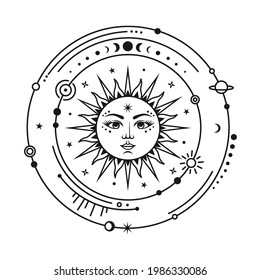 Silhouette of the sun surrounded by planets and stars. Astrology and astronomy symbol. Outline space and solar system. Magical mystical signs. Celestial symbols.