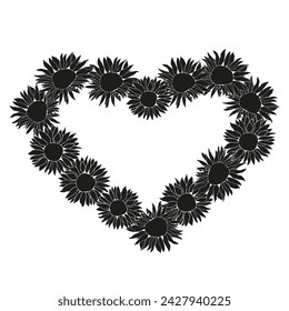 Silhouette sunflower hearts frame, hand drawn floral elements for Valentines day. Vector illustrations for card or invitations, surface design.