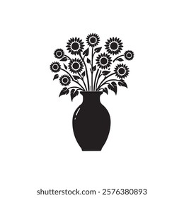 Silhouette sunflowers vase, Vector illustration vase  design on white background.