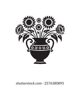 Silhouette sunflowers vase, Vector illustration vase  design on white background.