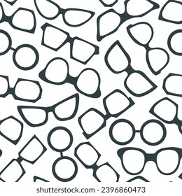 Silhouette der Sonnenbrille nahtloses Muster. Zeitgenössischer Hintergrund mit Brillen unterschiedlicher Formen. Modeaccessoires für Textilien, Digitalpapier, Verpackung und Design, Vektorgrafik