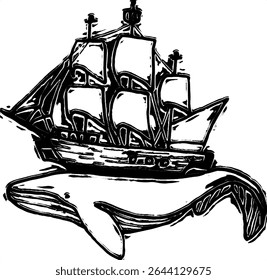 Silhouette Sunken ship resting underwater surrounded by marine life.