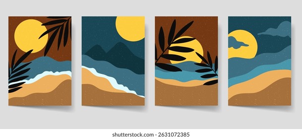 Silhouette sunset beach retro graphic set for poster