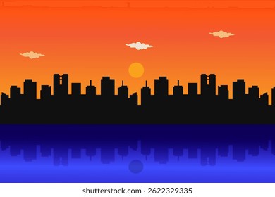 Paisaje urbano de la puesta del sol de la silueta con la reflexión en fondo azul del océano. Ilustración vectorial