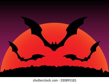 Silhouette of sunset and flying bats halloween background. Vector illustration.
