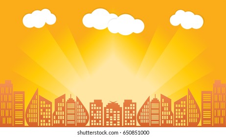 Silhouette sunset over city and clouds in the Cityscape. Sunburst Backgrounds vector illustration.