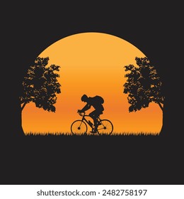 A silhouette sunset in a park again with a cyclist