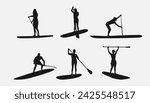 silhouette of SUP board. Stand up paddle boarding. isolated on white background. different action, pose, water sport, hobby, summer theme. vector illustration.