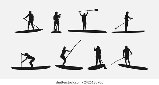 silhouette of SUP board. Stand up paddle boarding. isolated on white background. different action, pose, water sport, hobby, summer theme. vector illustration.