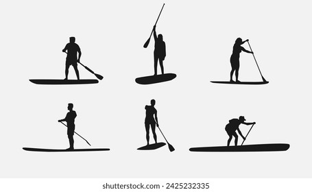 silhouette of SUP board. Stand up paddle boarding. isolated on white background. different action, pose, water sport, hobby, summer theme. vector illustration.