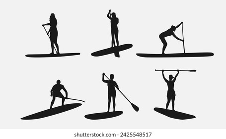 silhouette of SUP board. Stand up paddle boarding. isolated on white background. different action, pose, water sport, hobby, summer theme. vector illustration.