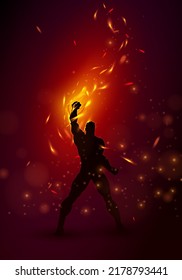 Silhouette Of Super Hero With Fire