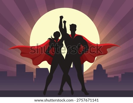Silhouette of superhero couple standing on rooftop. Super heroes above city vector illustration
