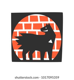 Silhouette of superhero dog character standing on a brick wall background cartoon vector Illustration