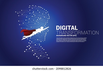 silhouette of superhero fly with man head from dot connect line circuit board style . Concept background human future and technology