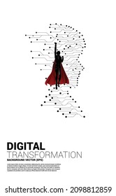 silhouette of superhero fly with man head from dot connect line circuit board style . Concept background human future and technology