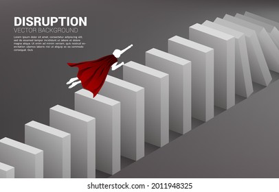 Silhouette of superhero fly over to the domino collapse. Concept of business industry disrupt 