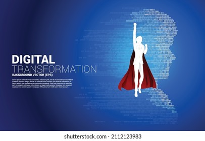 silhouette of superhero flying with man head from pixel transformation . Concept background human future and metaverse.