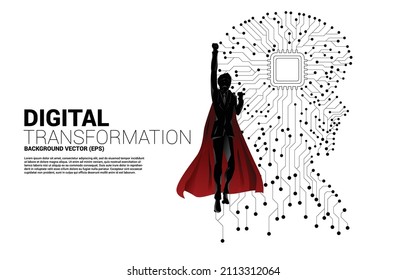 silueta de superhéroe volando con cabeza de hombre del estilo de placa de circuito de línea de conexión de punto con procesador. Antecedentes de concepto futuro humano y tecnología