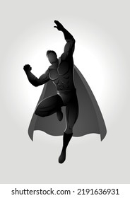 Silhouette of a superhero in flying pose, black and white vector illustration