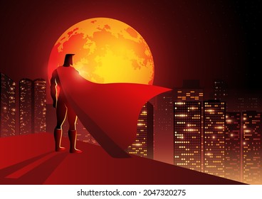 Silhouette of a superhero standing on the edge of a building with night cityscape and full moon as the background